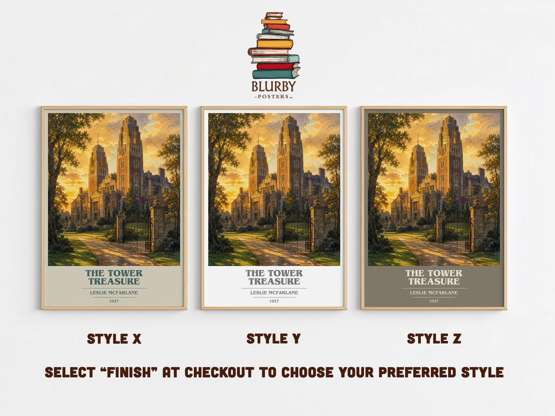 The tower treasure book cover print in frame leaning in hallway – mystery wall art (mockup)