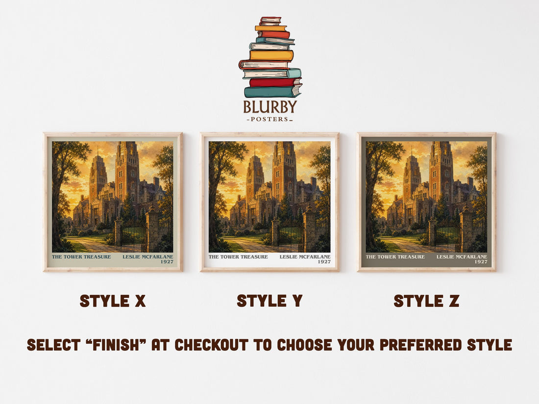 The tower treasure literary print in frame leaning in hallway – mystery wall art (mockup)