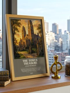 The tower treasure bookish print framed by window – literary home decor