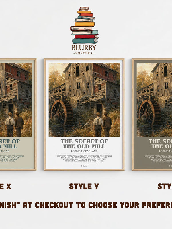 The secret of the old mill bookish print in frame leaning in hallway – mystery wall art