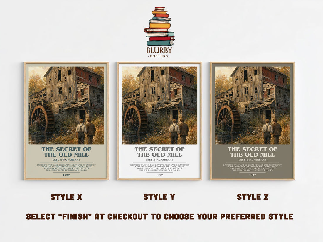 The secret of the old mill bookish print in frame leaning in hallway – mystery wall art (mockup)