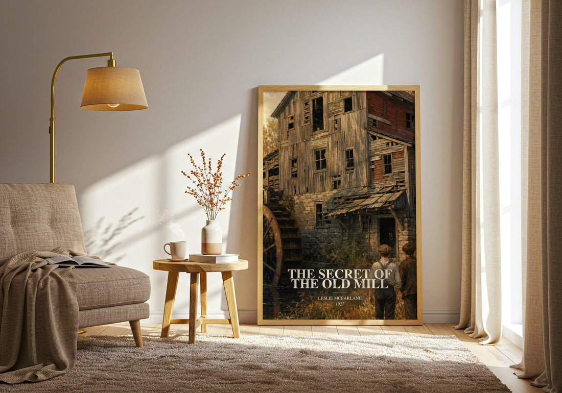 The secret of the old mill watercolour print in frame leaning in hallway – mystery wall art