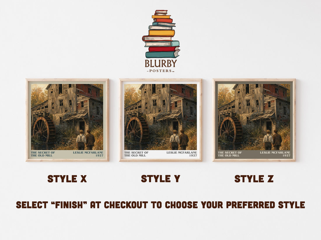 The secret of the old mill literary print in frame leaning in hallway – mystery wall art (mockup)