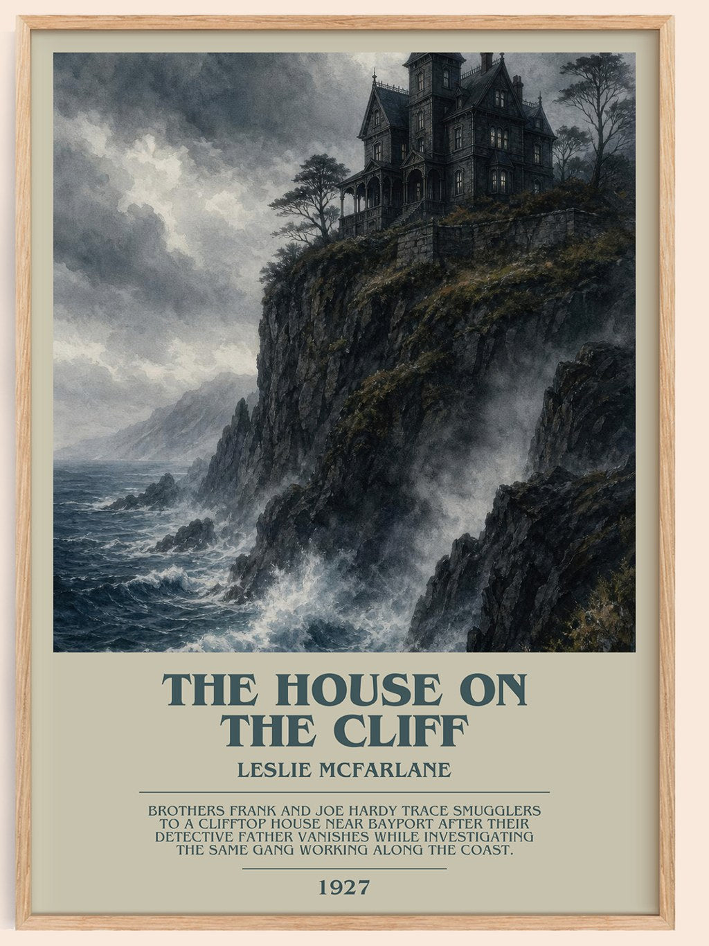 The House on the Cliff bookish book poster by Leslie McFarlane – framed literary art print
