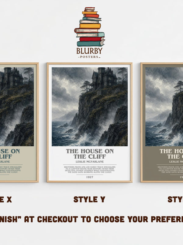 The House on the Cliff bookish print in frame leaning in hallway – mystery wall art