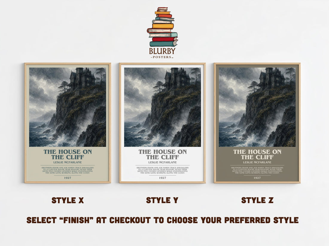 The House on the Cliff bookish print in frame leaning in hallway – mystery wall art (mockup)