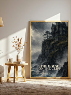 The House on the Cliff watercolour print in frame leaning in hallway – mystery wall art