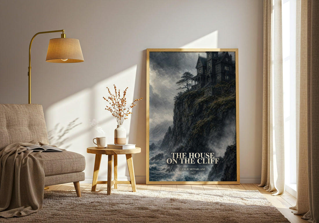 The House on the Cliff watercolour print in frame leaning in hallway – mystery wall art