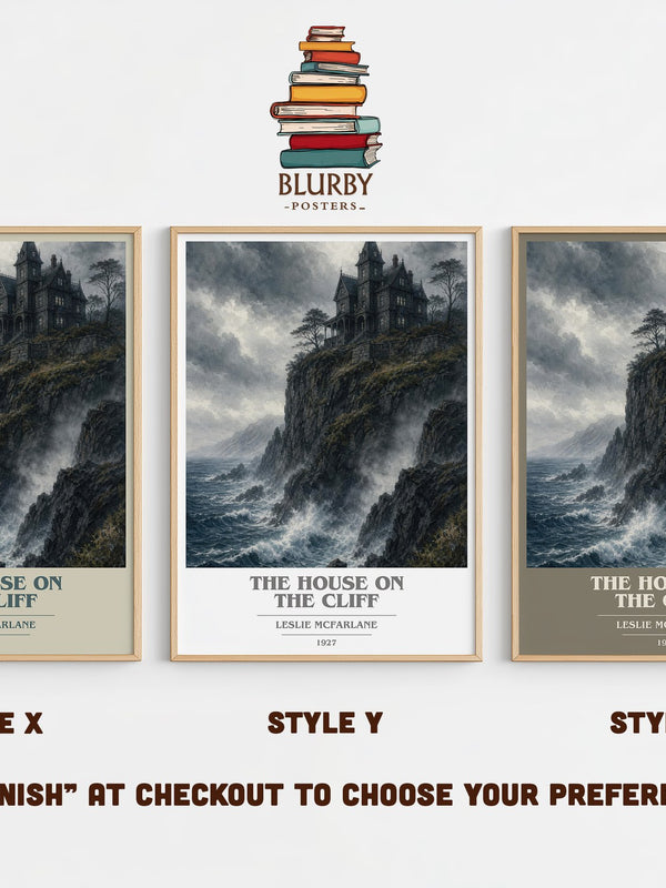 The House on the Cliff book cover print in frame leaning in hallway – mystery wall art