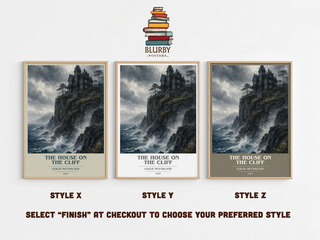 The House on the Cliff book cover print in frame leaning in hallway – mystery wall art (mockup)