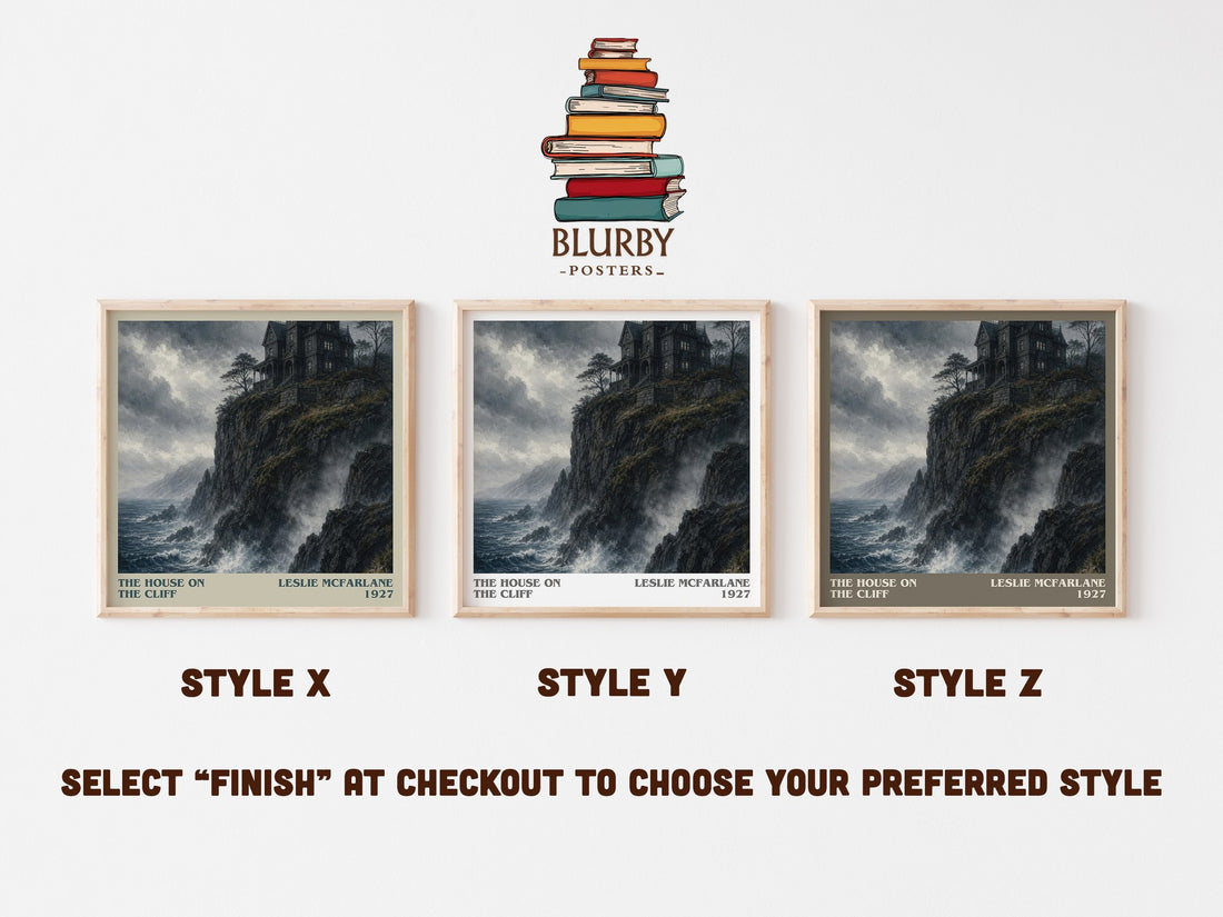 The House on the Cliff literary print in frame leaning in hallway – mystery wall art (mockup)