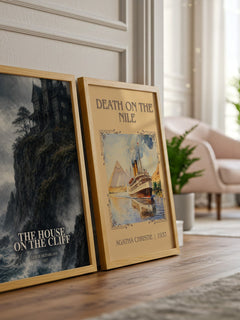 The House on the Cliff watercolour print framed by window – literary home decor
