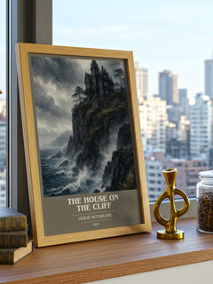 The House on the Cliff book cover print framed by window – literary home decor