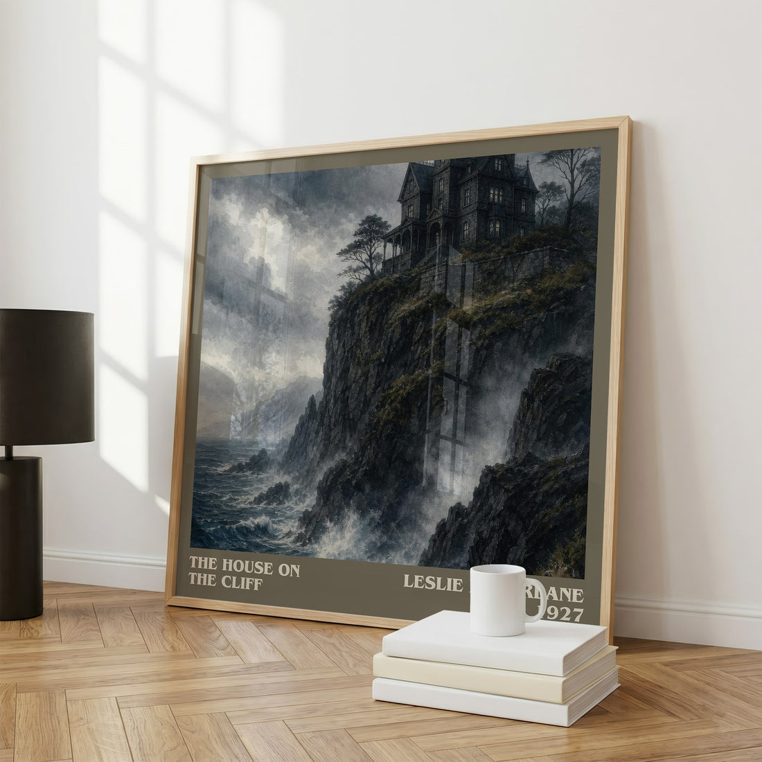 The House on the Cliff literary print framed by window – literary home decor
