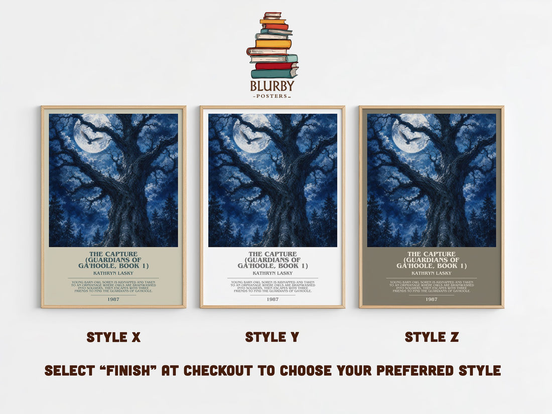 The Capture (Guardians of Ga'Hoole, Book 1) bookish print in frame leaning in hallway – fantasy wall art (mockup)