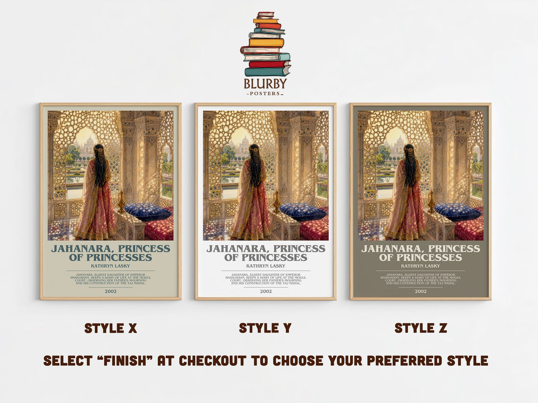 Jahanara, Princess of Princesses bookish print in frame leaning in hallway – historical fiction wall art (mockup)