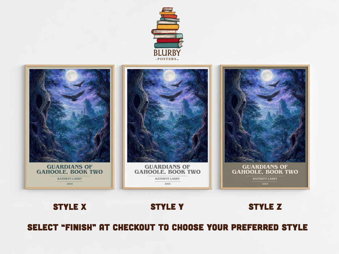 Guardians of GaHoole, Book Two book cover print in frame leaning in hallway – fantasy wall art (mockup)