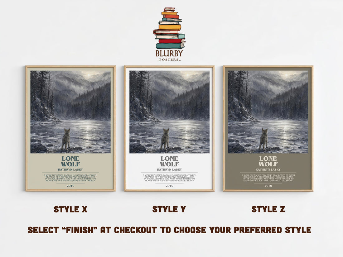Lone wolf bookish print in frame leaning in hallway – young adult wall art (mockup)