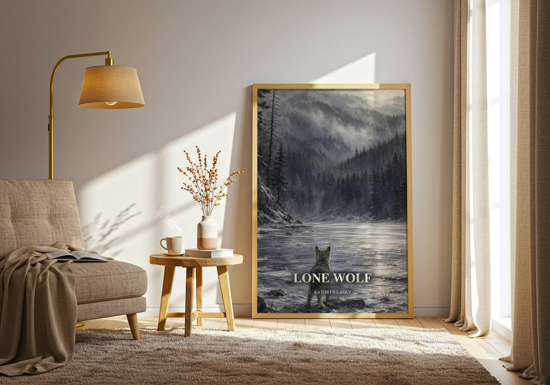 Lone wolf watercolour print in frame leaning in hallway – young adult wall art