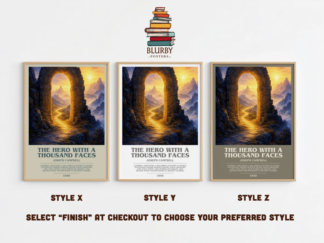 The hero with a thousand faces bookish print in frame leaning in hallway – non fiction wall art (mockup)