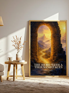 The hero with a thousand faces watercolour print in frame leaning in hallway – non fiction wall art