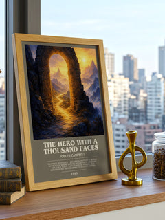 The hero with a thousand faces bookish print framed by window – literary home decor
