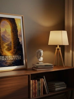 The hero with a thousand faces watercolour print on bookshelf – Joseph Campbell fan gift
