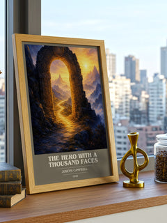 The hero with a thousand faces book cover print framed by window – literary home decor