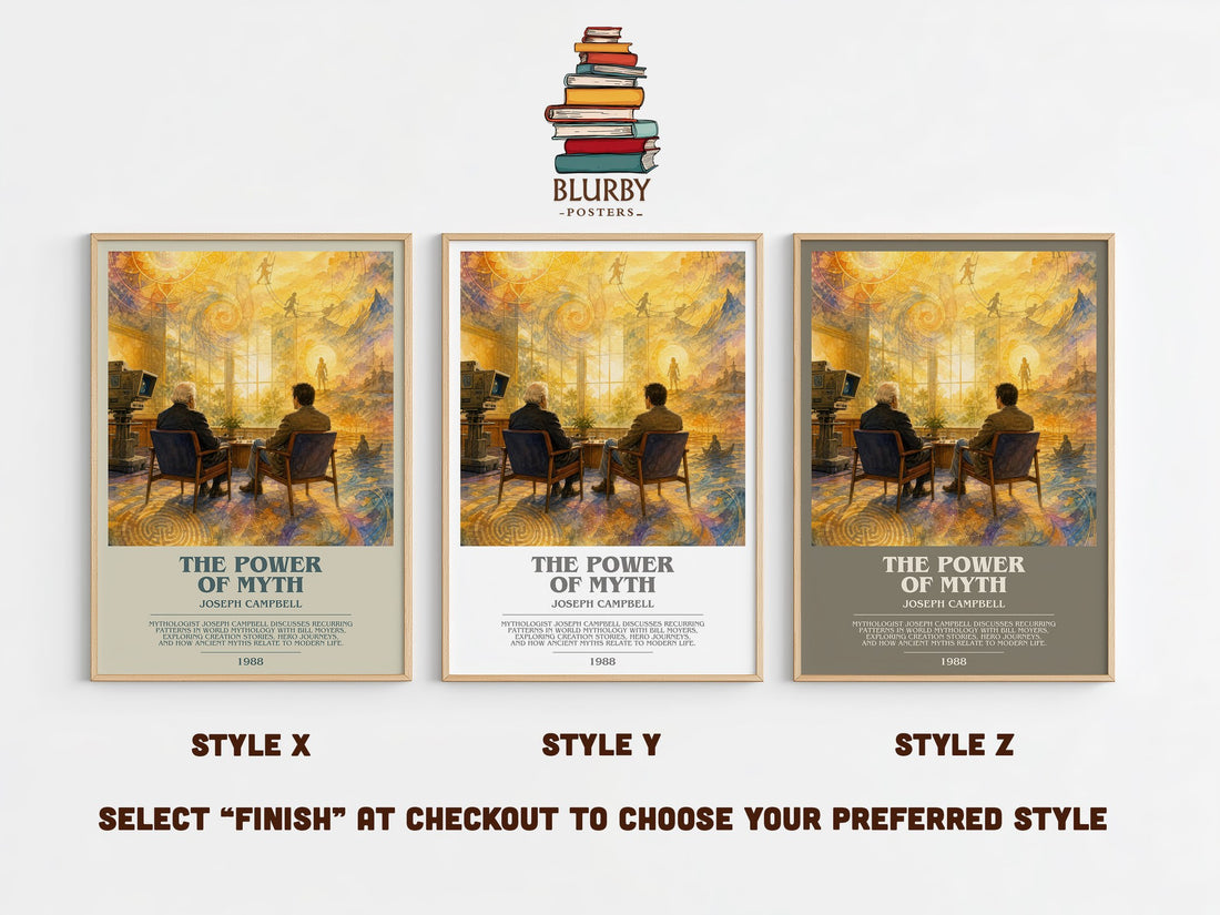 The Power of Myth bookish print in frame leaning in hallway – non fiction wall art (mockup)