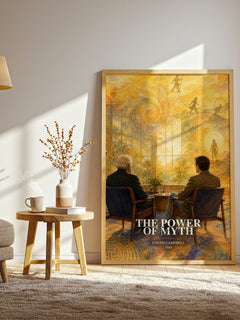 The Power of Myth watercolour print in frame leaning in hallway – non fiction wall art
