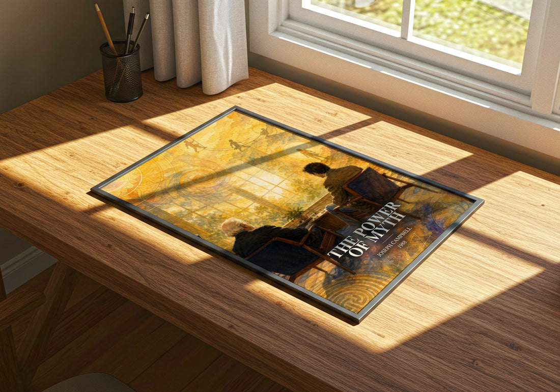 The Power of Myth watercolour book poster framed on wall – non fiction wall art