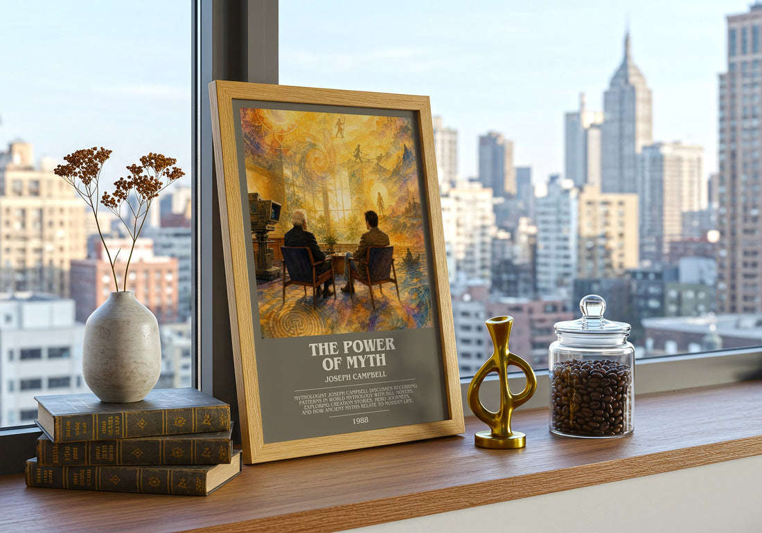 The Power of Myth bookish print framed by window – literary home decor