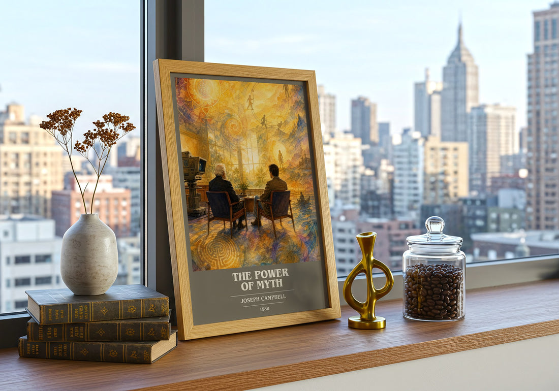 The Power of Myth book cover print framed by window – literary home decor