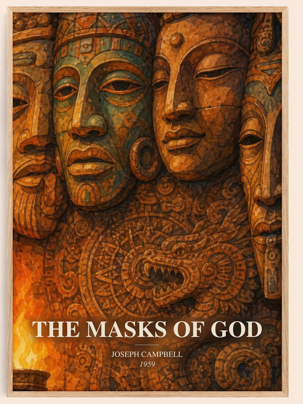 The masks of God watercolour book poster by Joseph Campbell – framed literary art print