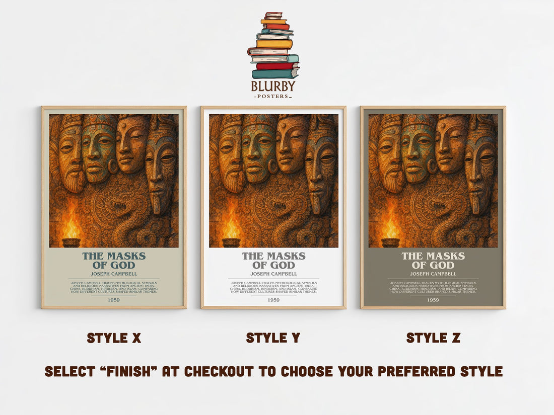 The masks of God bookish print in frame leaning in hallway – non fiction wall art (mockup)