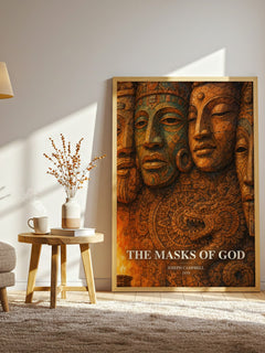 The masks of God watercolour print in frame leaning in hallway – non fiction wall art