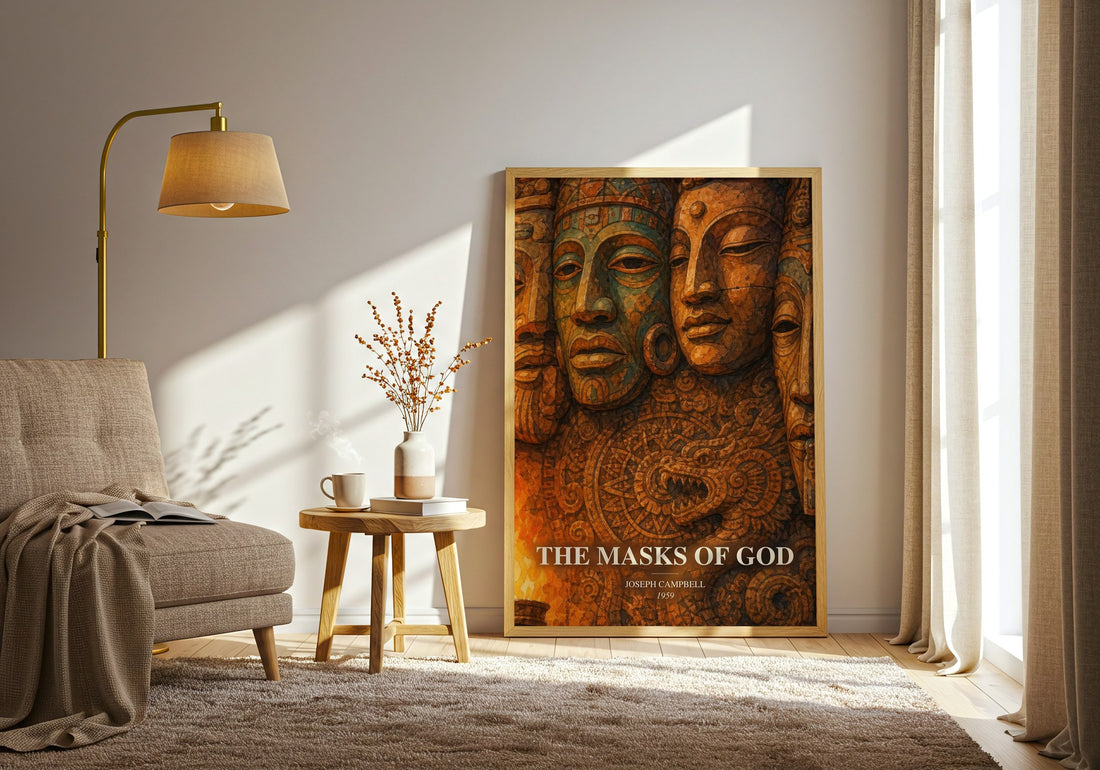 The masks of God watercolour print in frame leaning in hallway – non fiction wall art