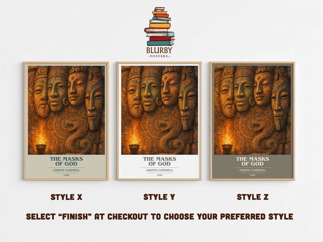 The masks of God book cover print in frame leaning in hallway – non fiction wall art (mockup)