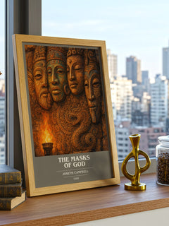 The masks of God book cover print framed by window – literary home decor