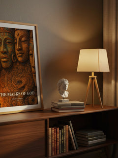 The masks of God watercolour print on bookshelf – Joseph Campbell fan gift