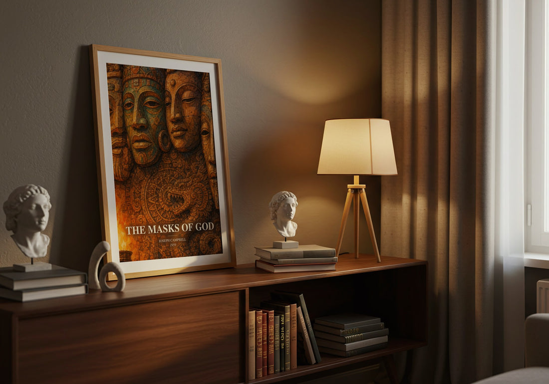 The masks of God watercolour print on bookshelf – Joseph Campbell fan gift