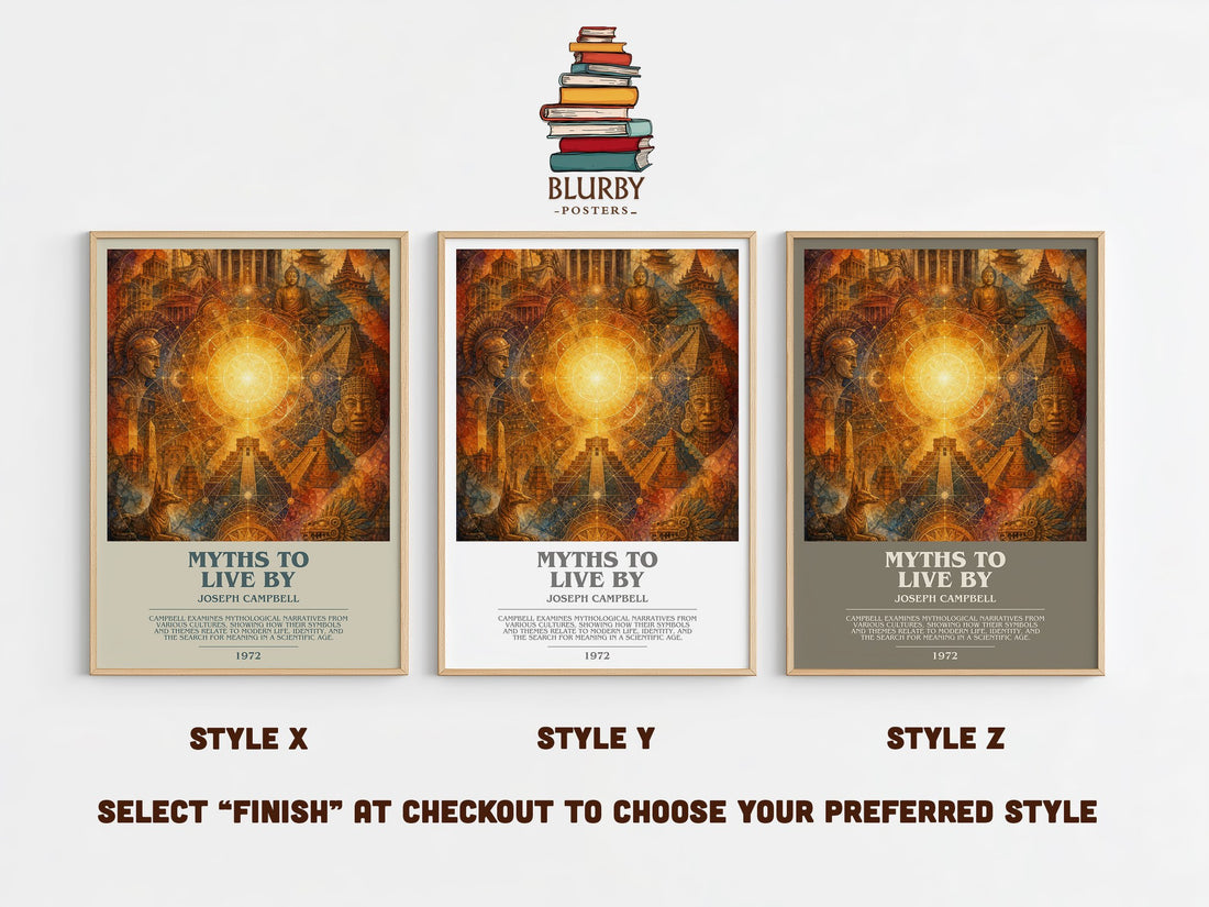 Myths to live by bookish print in frame leaning in hallway – philosophy wall art (mockup)