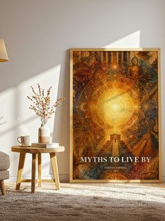 Myths to live by watercolour print in frame leaning in hallway – philosophy wall art
