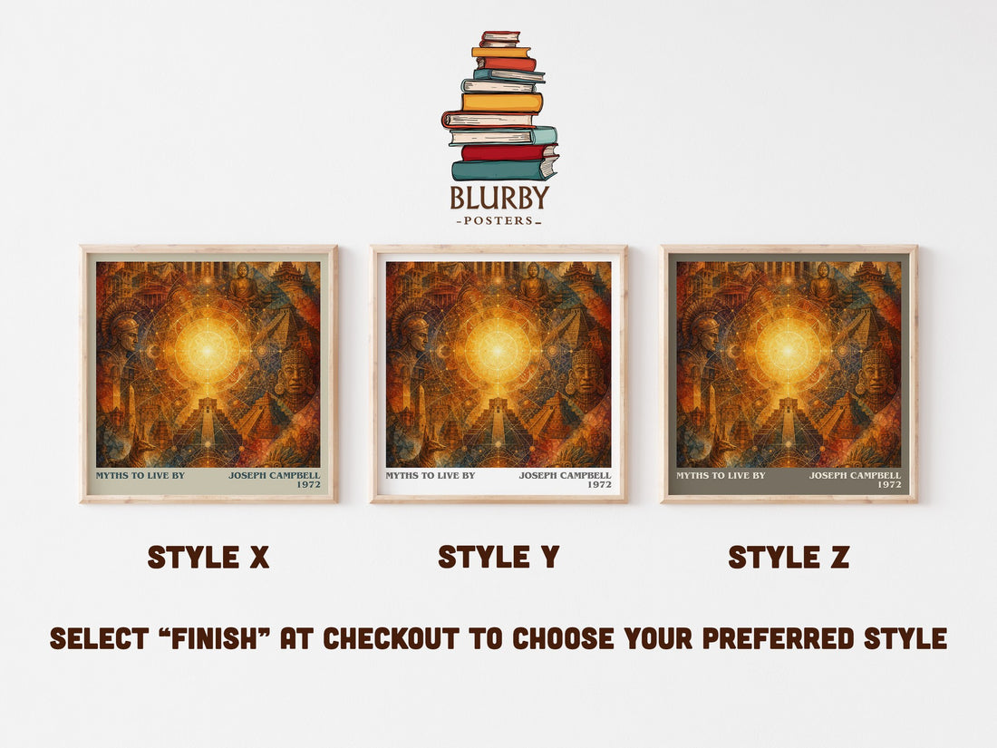 Myths to live by literary print in frame leaning in hallway – philosophy wall art (mockup)