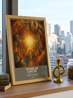 Myths to live by book cover print framed by window – literary home decor