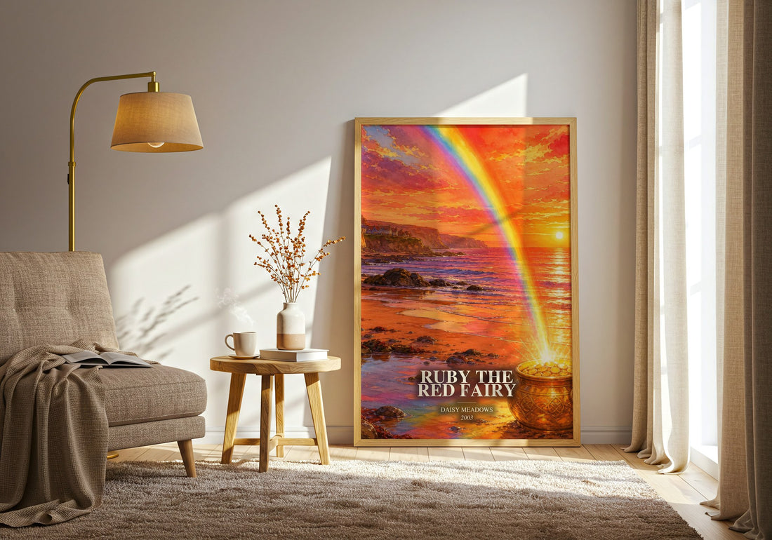 Ruby the Red Fairy watercolour print in frame leaning in hallway – childrens wall art