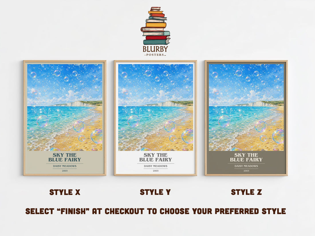 Sky the Blue Fairy book cover print in frame leaning in hallway – childrens wall art (mockup)