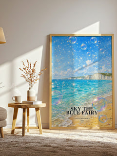 Sky the Blue Fairy watercolour print in frame leaning in hallway – childrens wall art