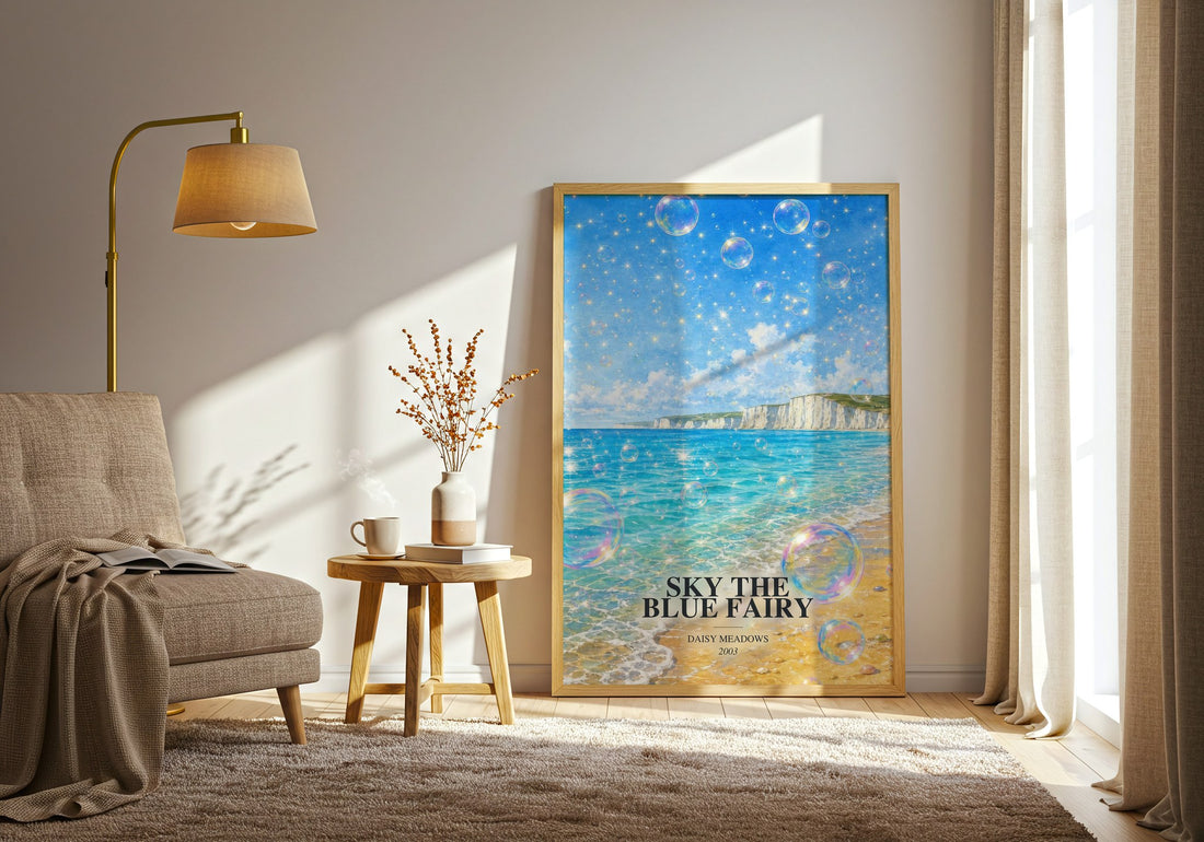 Sky the Blue Fairy watercolour print in frame leaning in hallway – childrens wall art