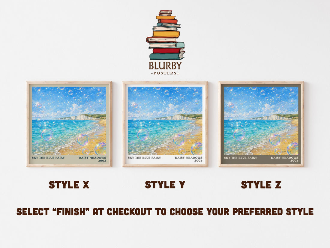 Sky the Blue Fairy literary print in frame leaning in hallway – childrens wall art (mockup)